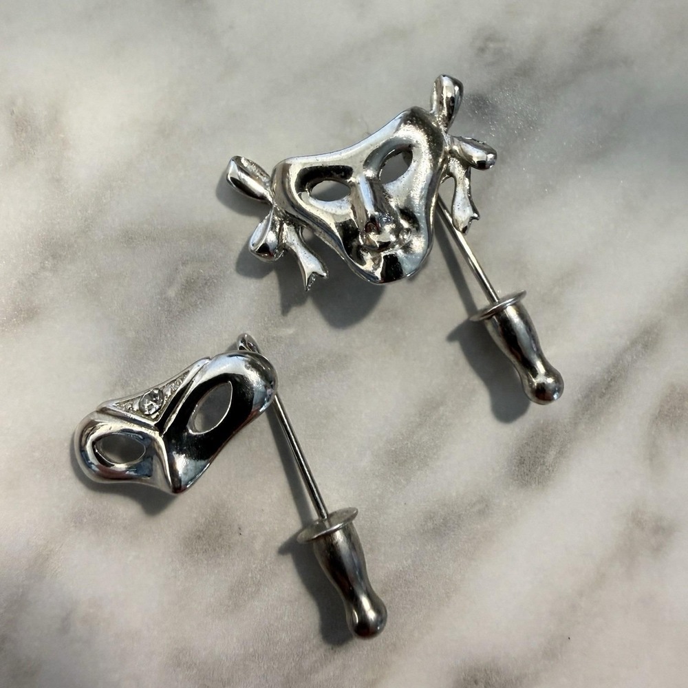 Set Of 2 MONET Silver Tone Masquerade Mask Small Stick Pin Mardi Gras